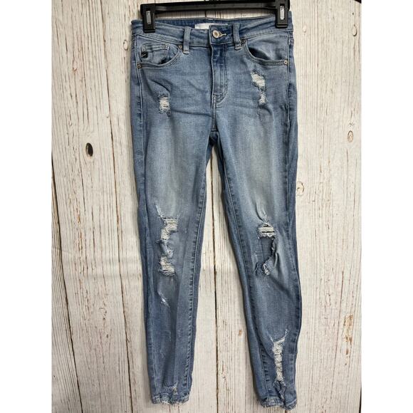 KanCan Skinny Jeans Junior Size 1 Blue Denim Mid Rise Distressed Ripped Raw Hem - Picture 1 of 5